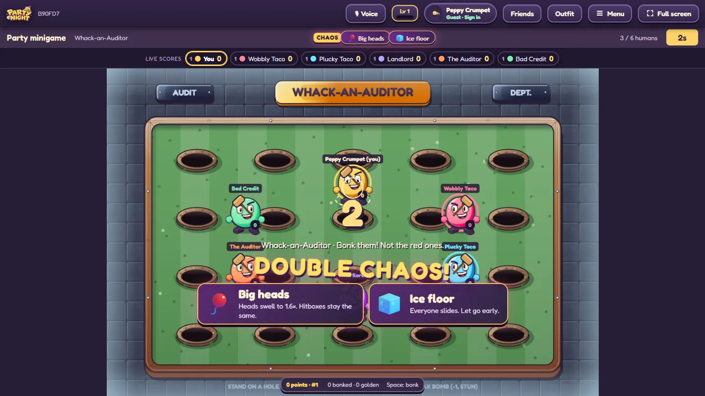 The countdown splash: DOUBLE CHAOS! with cards for Big heads and Ice floor over Whack-an-Auditor