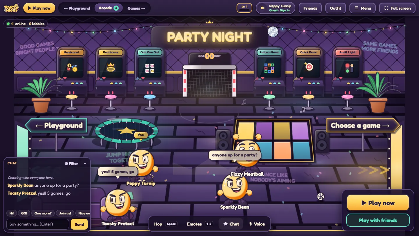 The new clubhouse front page: an arcade hall with game cabinets, a dance floor and players chatting