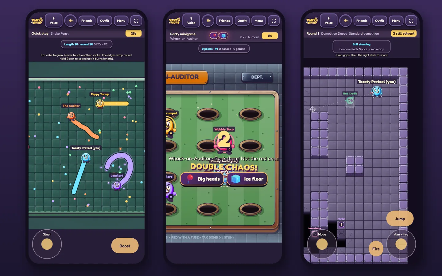 Three phone screens: Snake Feast with a Steer stick and a Boost button, the chaos splash, and Floor Is Debt with Move, Aim and Jump controls