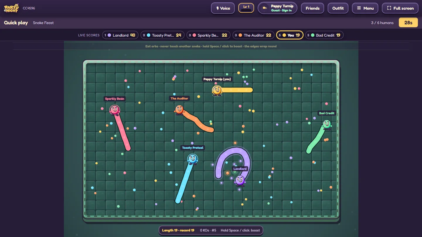 Snake Feast: six snakes in a green arena full of glowing orbs, with live scores along the top