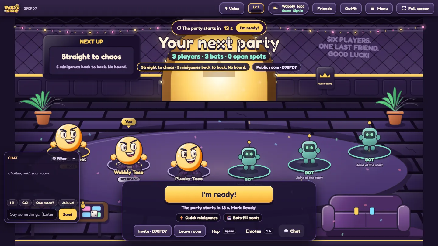 A guest's view of the lobby: the party starts in 13 seconds, with a big I'm ready! button