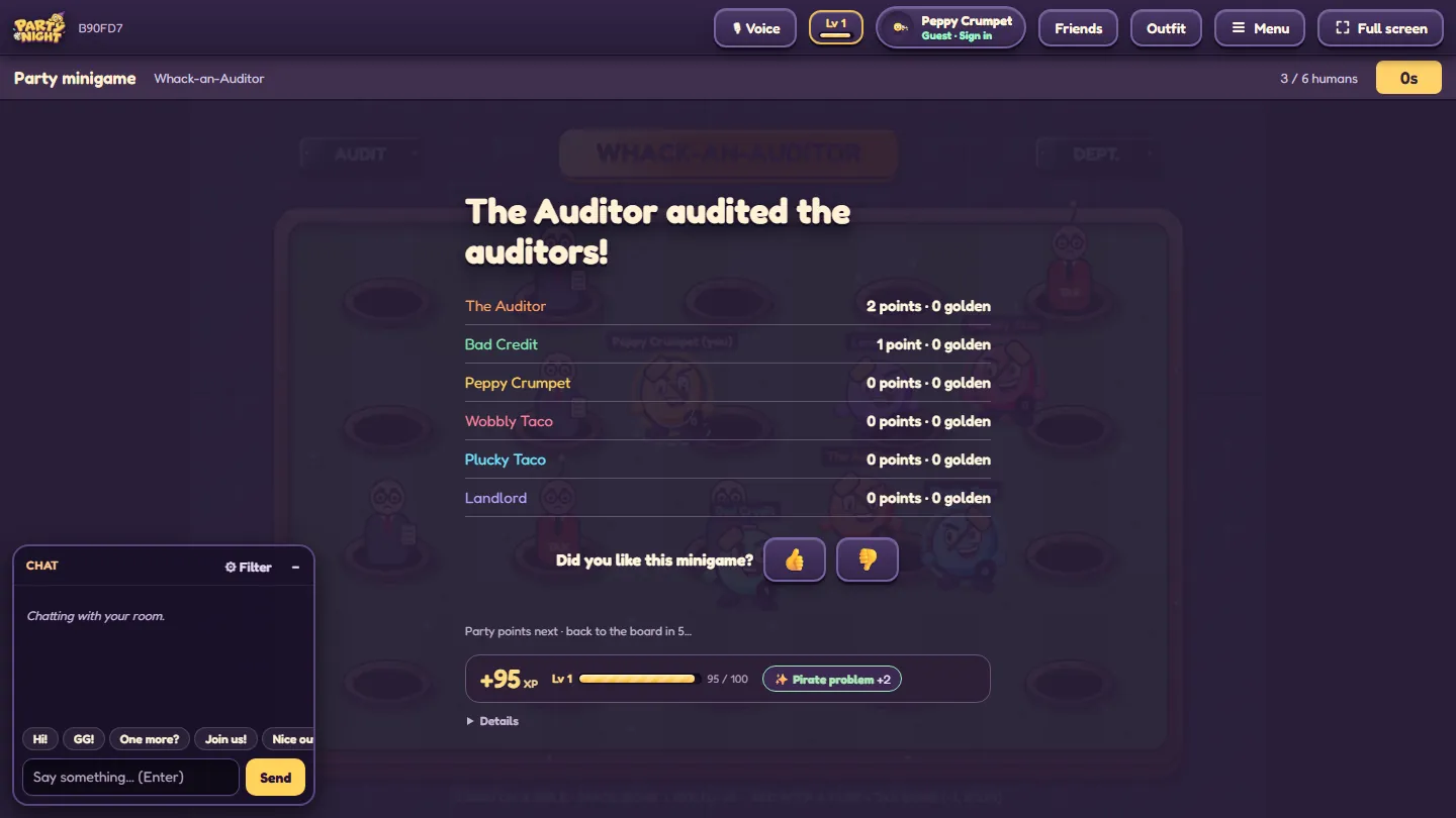 The results screen of Whack-an-Auditor with the thumbs up and thumbs down vote