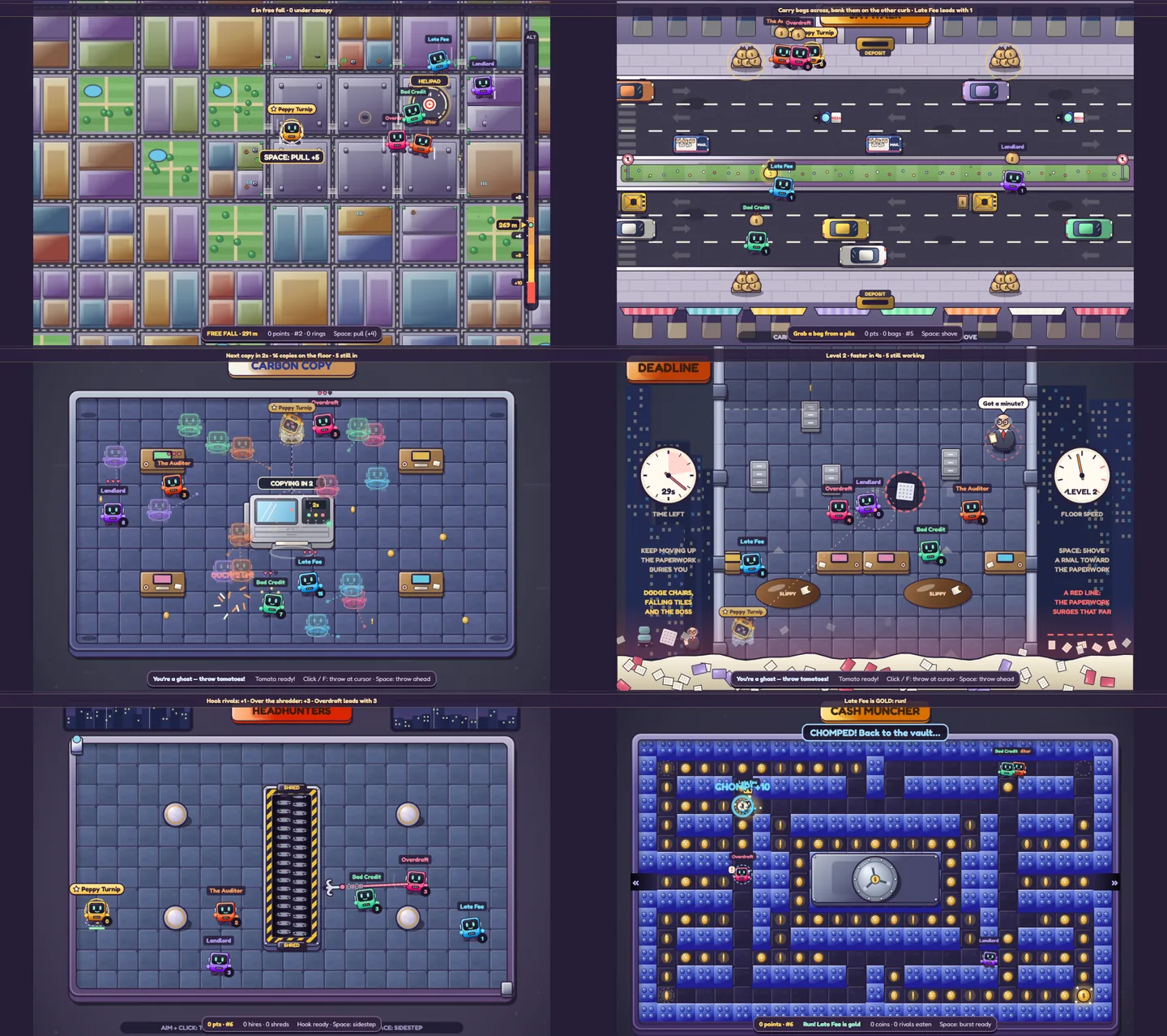 Zes van de nieuwe minigames: Golden Parachute, Jaywalk, Carbon Copy, Deadline, Headhunters en Cash Muncher