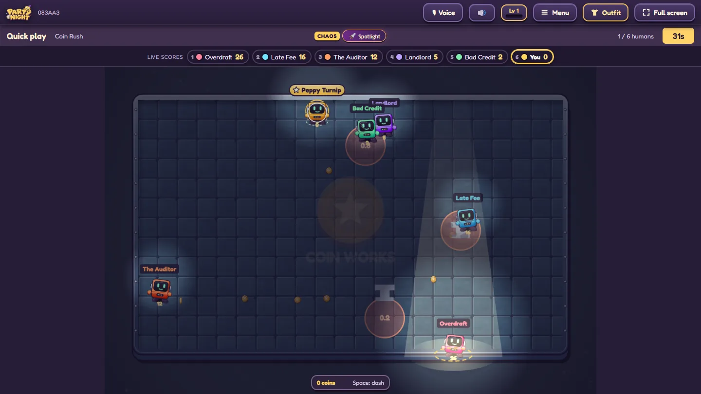 De chaosmodifier Spotlight in Coin Rush: de arena is donker en een spotlight volgt de speler die voorstaat