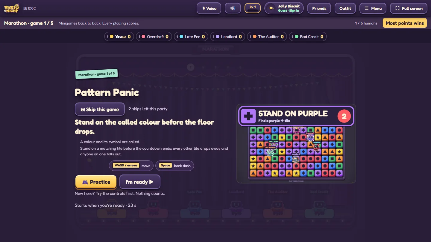 Presentación de una fiesta para Pattern Panic con los botones Practicar, Estoy listo y Saltar este juego
