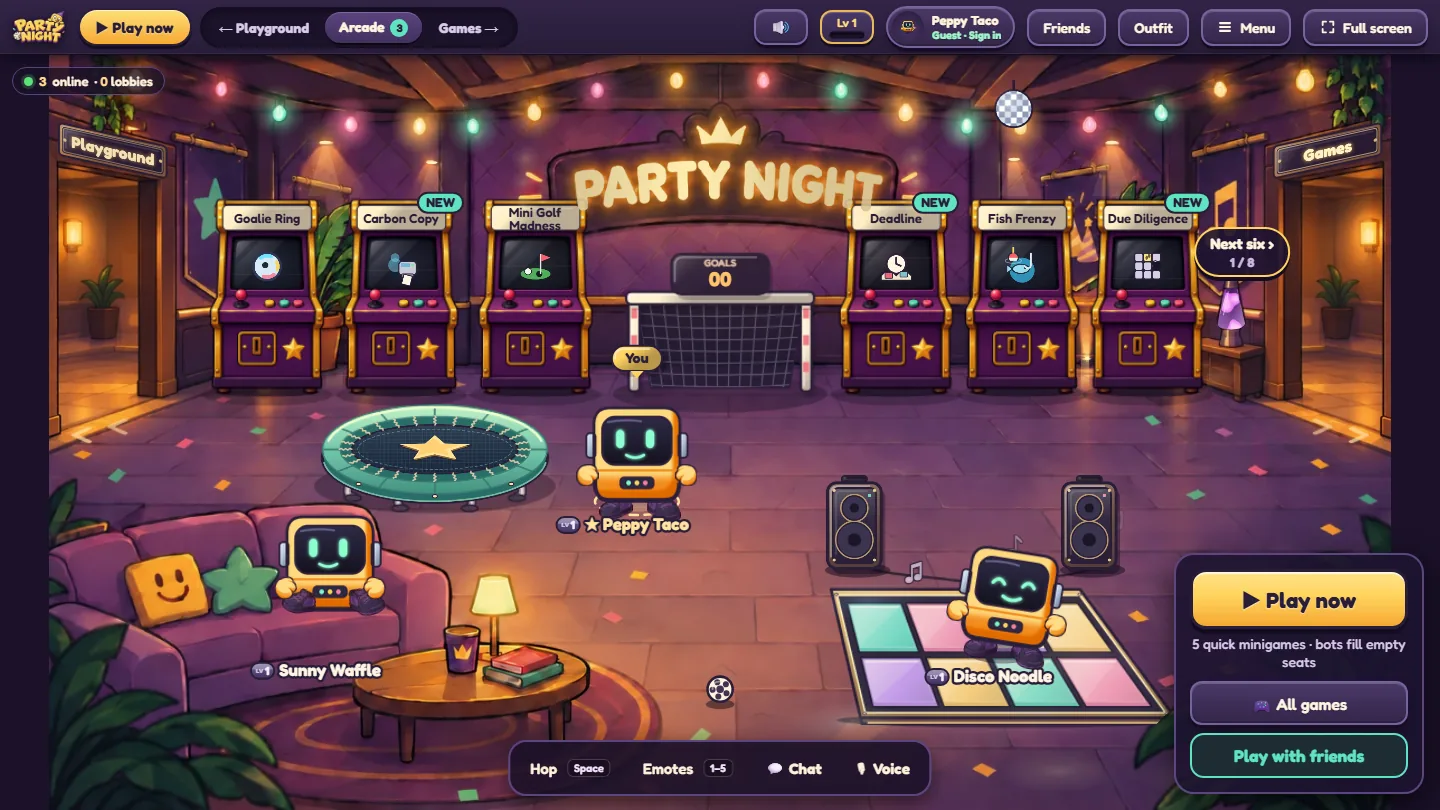 El salón recreativo redibujado: guirnaldas de luces, un letrero PARTY NIGHT luminoso, máquinas recreativas a lo largo de la pared del fondo, un sofá, una mesa de centro y una pista de baile entre dos altavoces